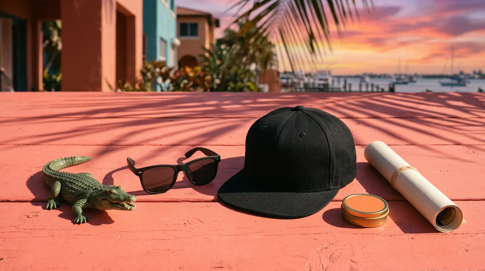 A toy alligator, sunglasses, a black cap, a small tin and a rolled poster laid out on a coral table at sunset