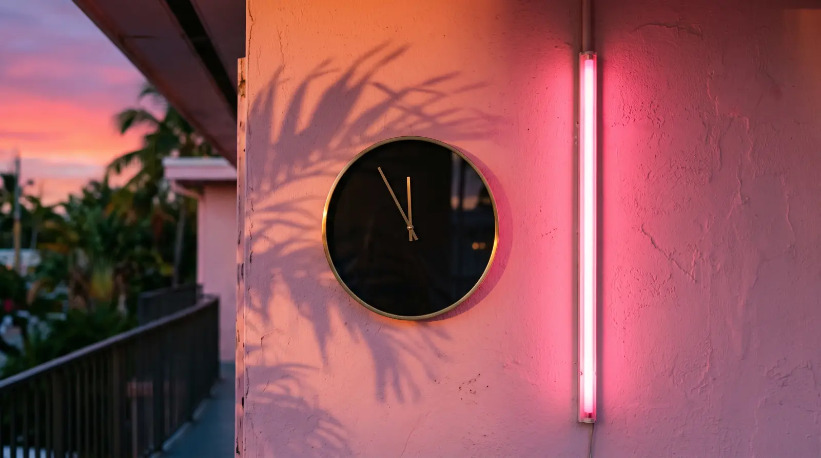 A clock on a pink motel wall at dusk, its hands just before midnight, beside a glowing neon tube