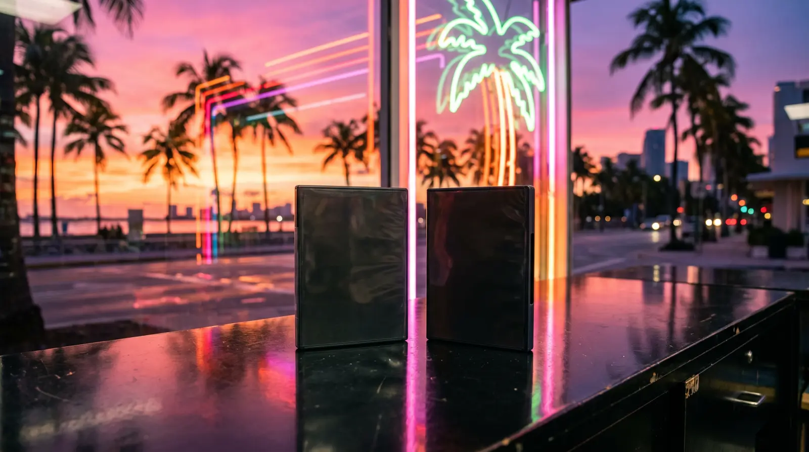 Two plain, unbranded game cases on a glossy counter in front of a neon-lit window with palm trees