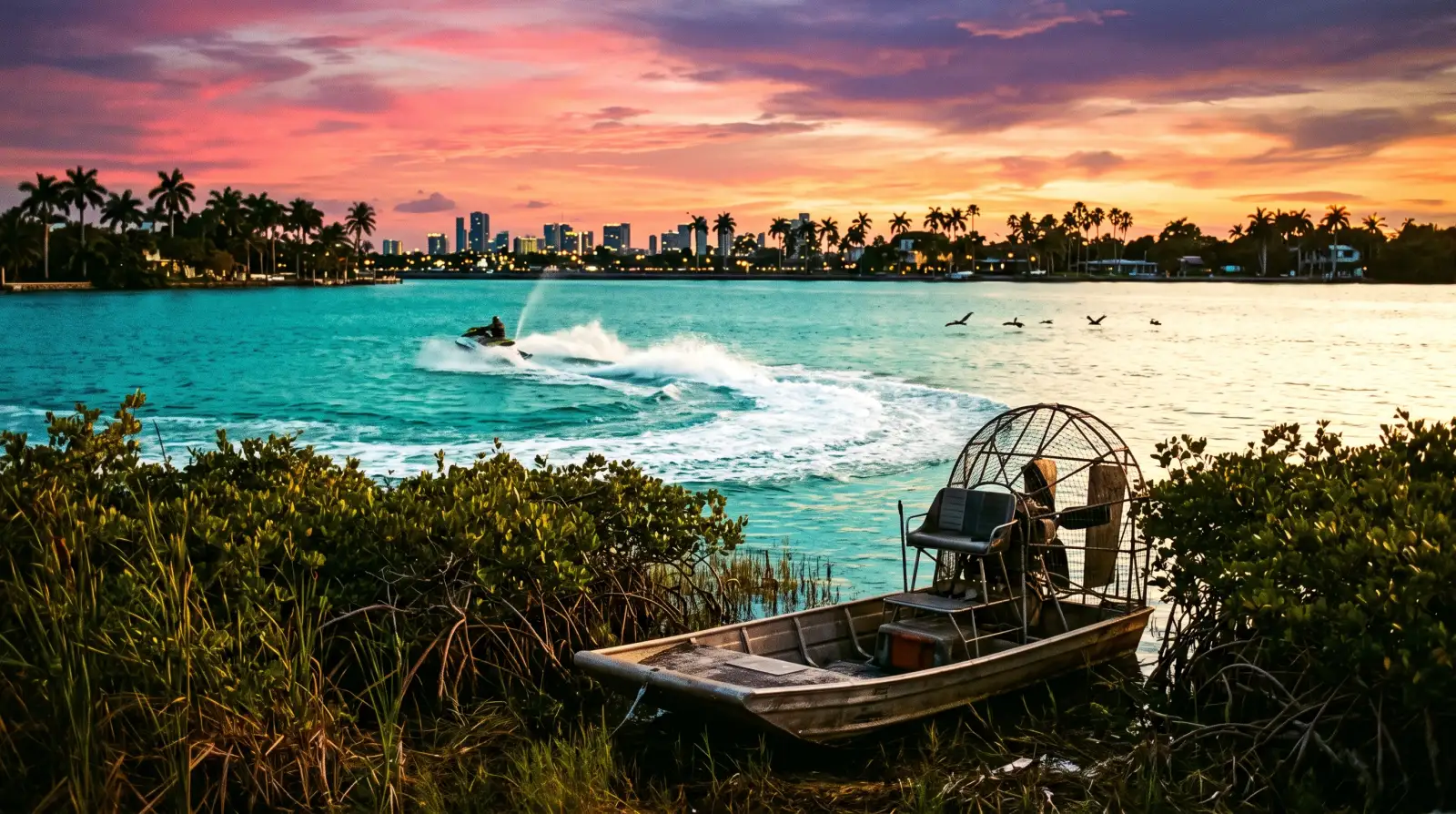 A jet ski carving a white wake across a turquoise bay at sunset, an empty airboat in the mangroves and pelicans over the water