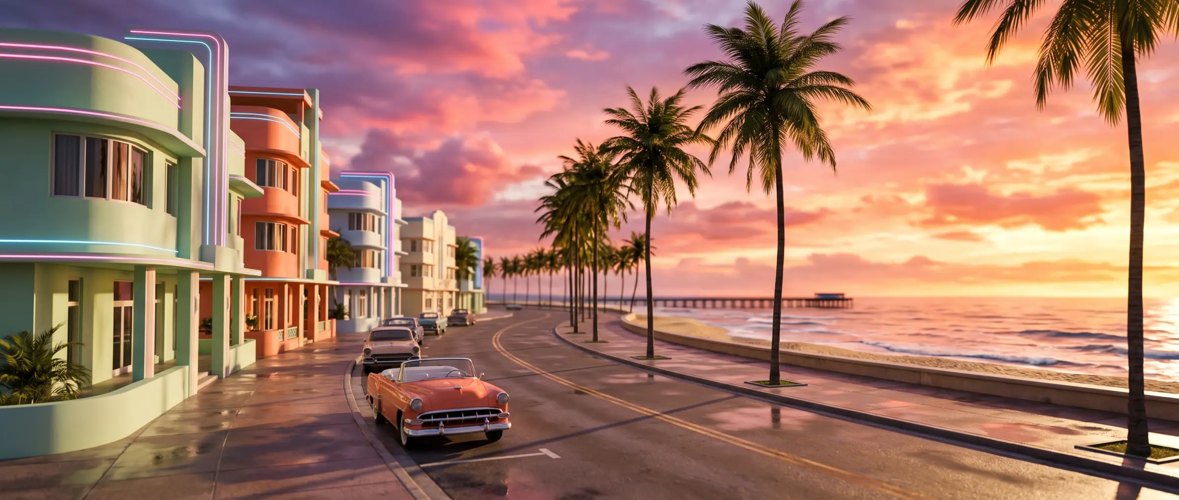 Painted-style sunset over an invented oceanfront boulevard: pastel Art Deco buildings, tall palms, a vintage convertible and the sea