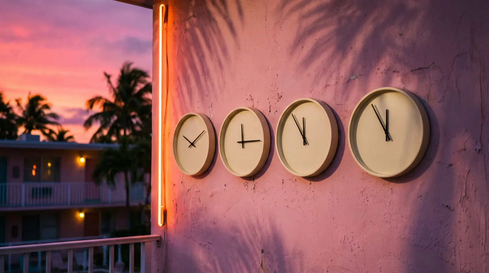 Four blank wall clocks on a pink motel wall at dusk, each set to a different hour as their hands near midnight, with palm shadows and a neon tube