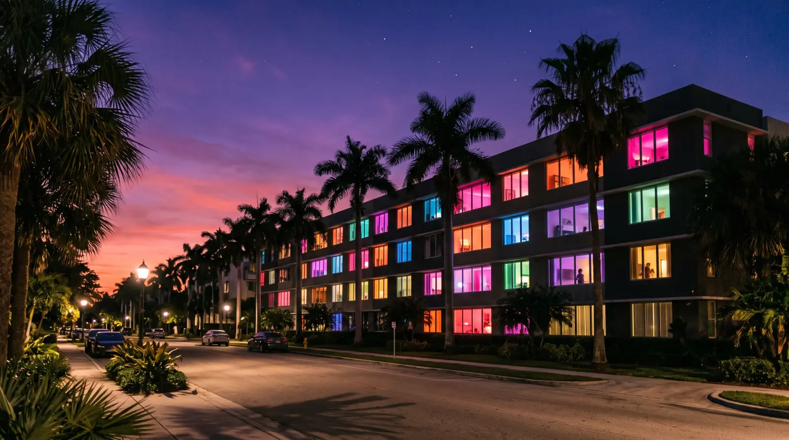 An apartment block at night with every window lit a different neon colour, palms lining the street