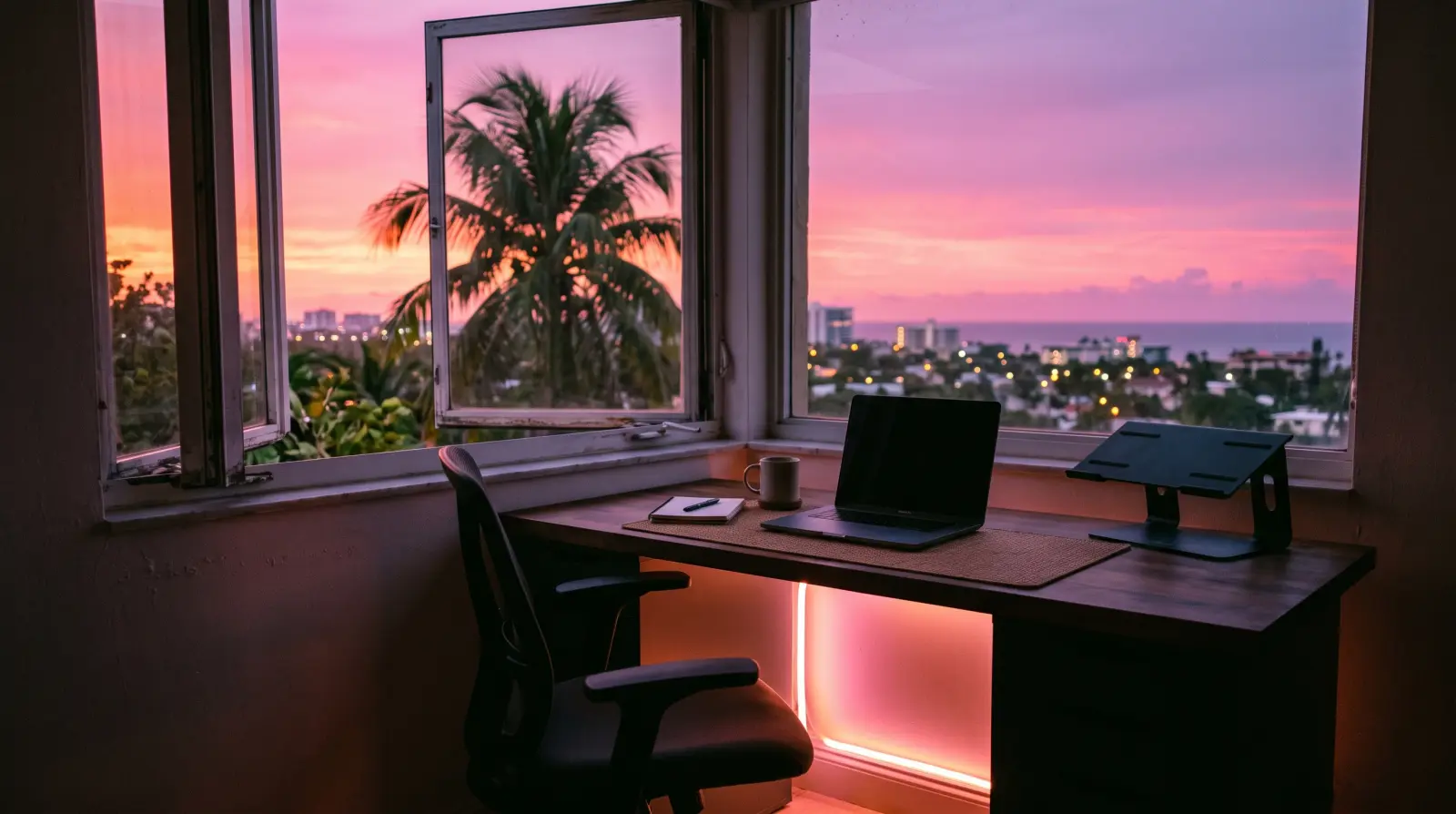 A desk by an open window at dusk with a laptop and an empty monitor stand, a palm tree and pink sky outside