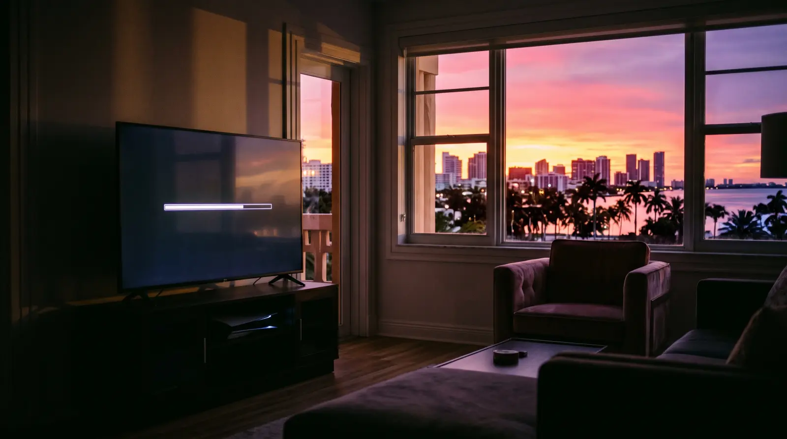A dark living room with a TV showing a progress bar, a city skyline and palms at dusk through the window