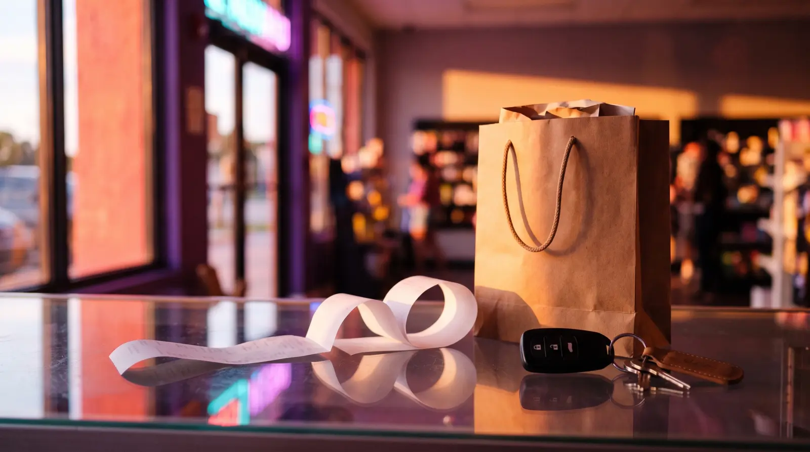 A curling receipt, a paper shopping bag and car keys on a glossy store counter in warm sunset light