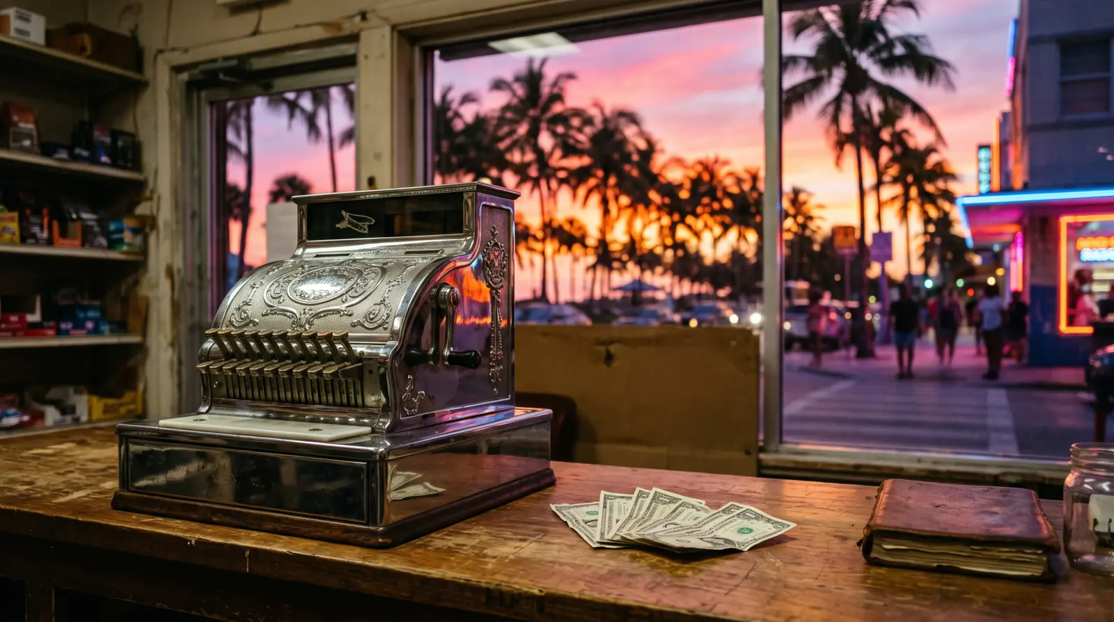 An old chrome cash register and a fan of dollar bills on a corner-store counter, palm trees and sunset through the window