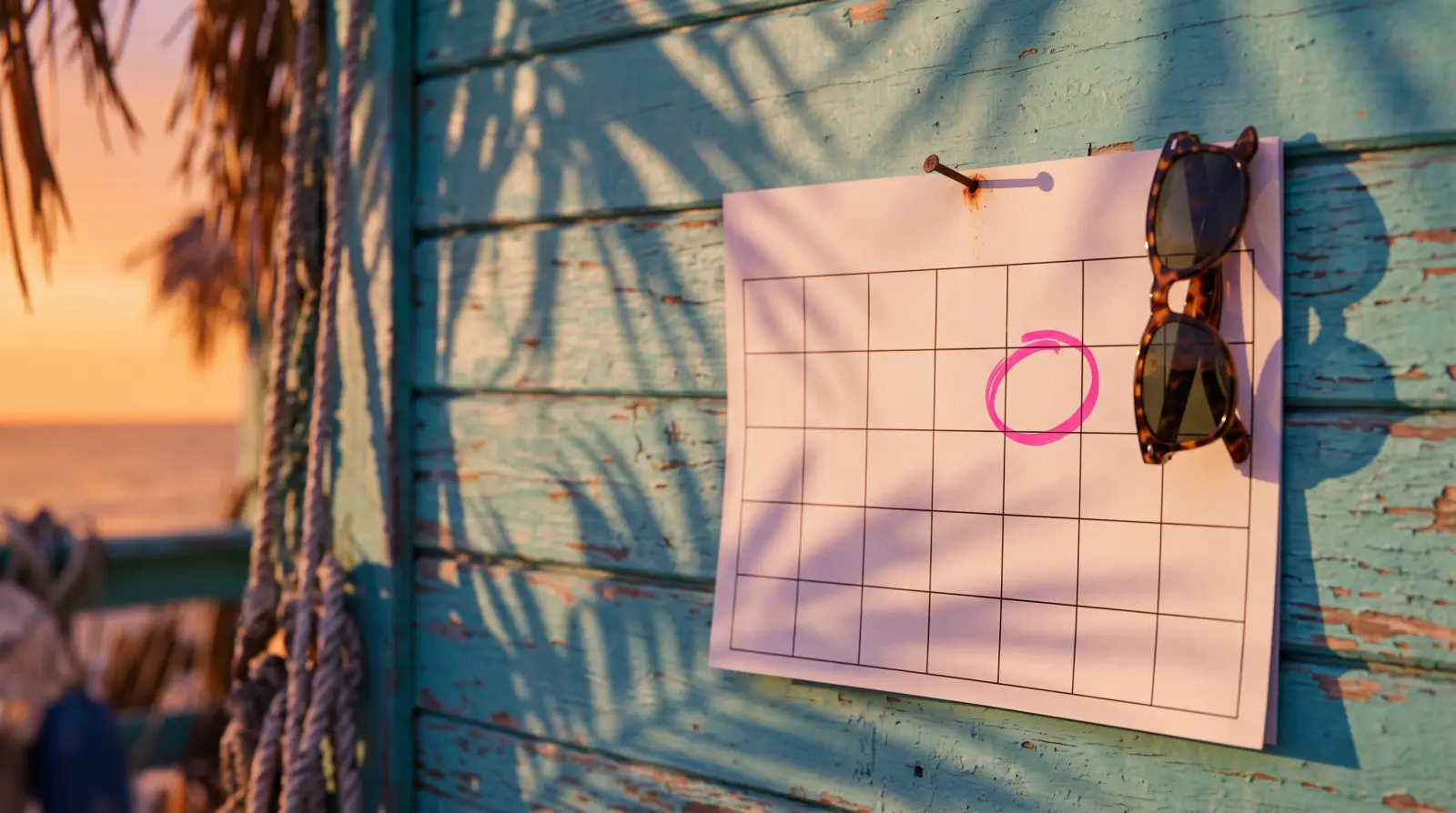 A blank wall calendar on a turquoise beach shack with one day circled in pink marker and sunglasses hanging beside it