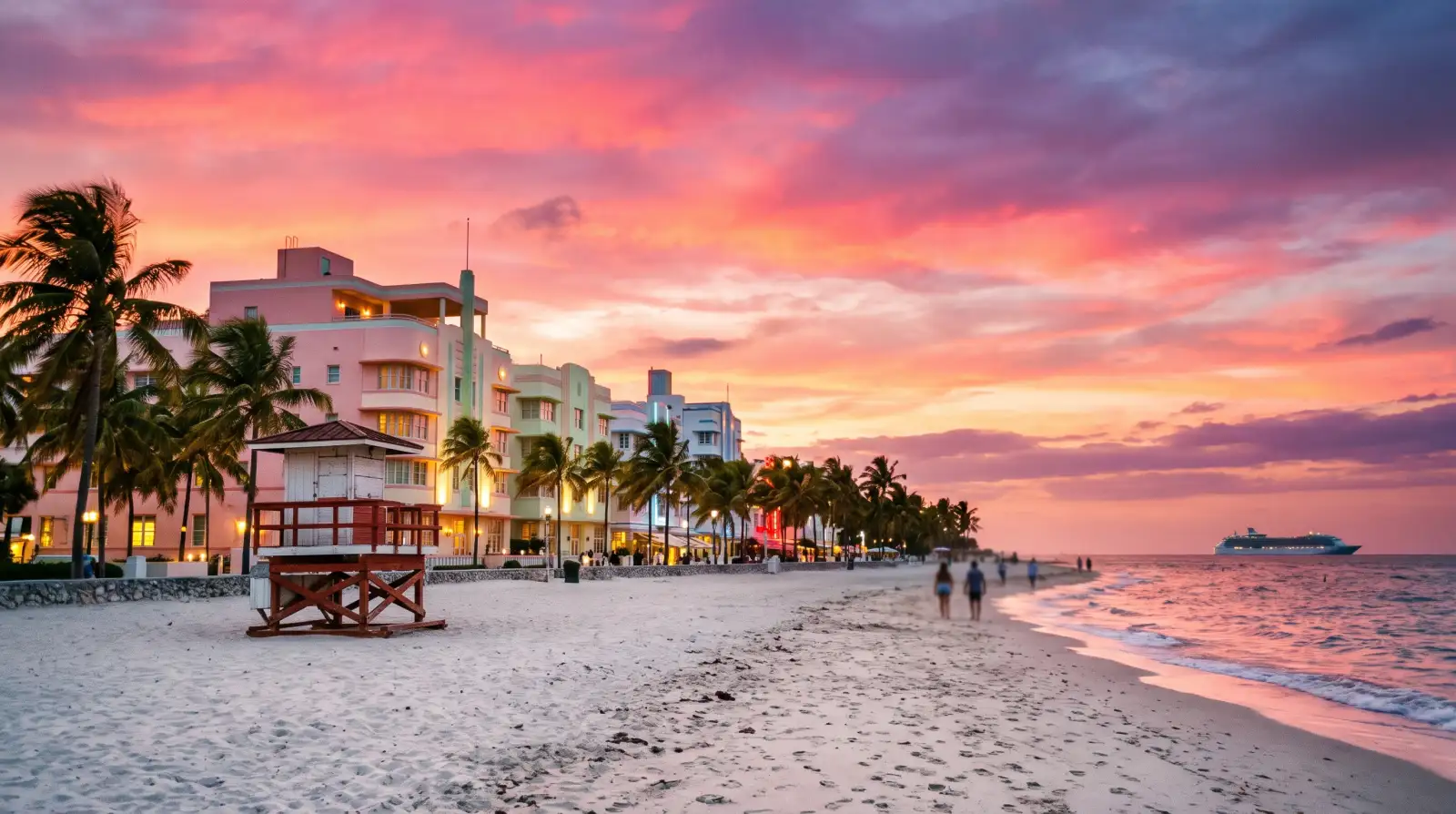 An invented beachfront city at sunset: pastel Art Deco hotels behind palms, a lifeguard stand on white sand and a cruise ship out at sea